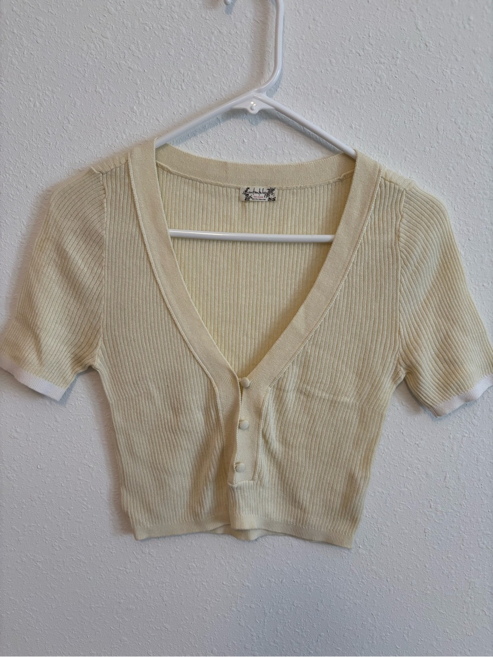 Intimately by Free People Ribbed V-Neck Cropped Button Cardigan Pale Yellow S